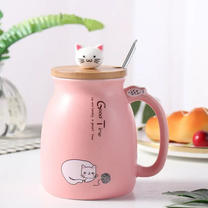 Mug Ceramic With Wooden Lid And Spoon Cute Cartoon Cat Design Gift Ready Spring 2026 Kitchen Essential