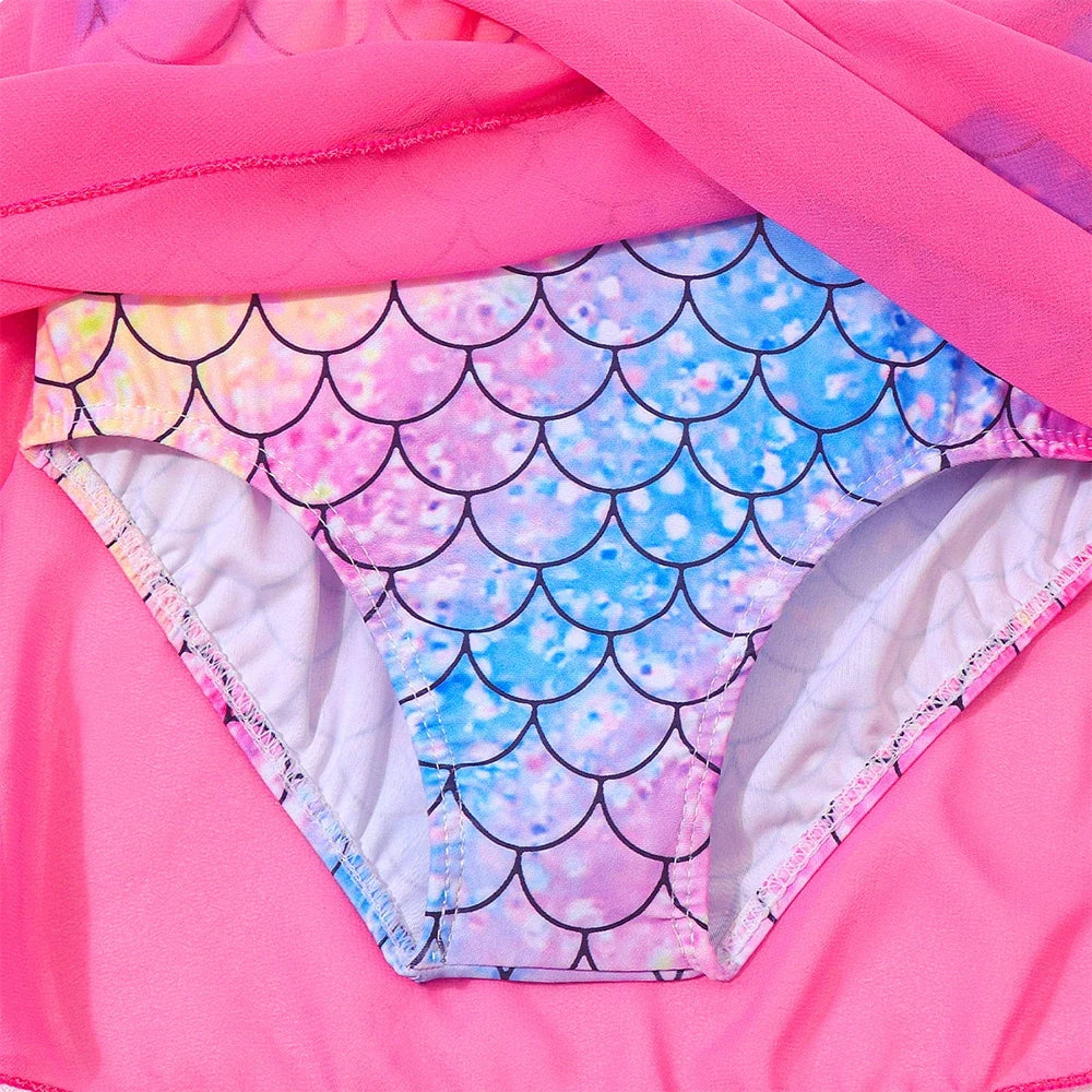 Mermaid-Scale Print, Ruffle Sleeves, Tulle, Polyester Elastane, Beach – Fast-Dry Sturdy Girls' One-Piece Swimsuit