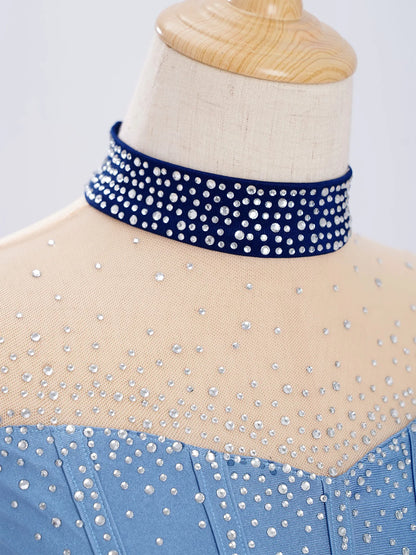 Flattering Stretchy Girls' Dance Leotard - Sleeveless Rhinestone Mesh Top, Polyester, Nylon, Elastane, For Competition