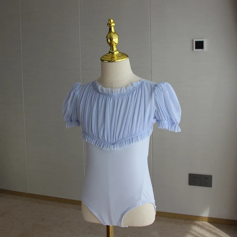 Light girls ballet leotard set - puff-sleeve top, tulle tutu skirt, polyester, for dance class
