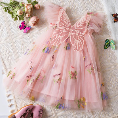 Light flowy girls' dress - knee-length tulle, floral print, polyester, for weddings