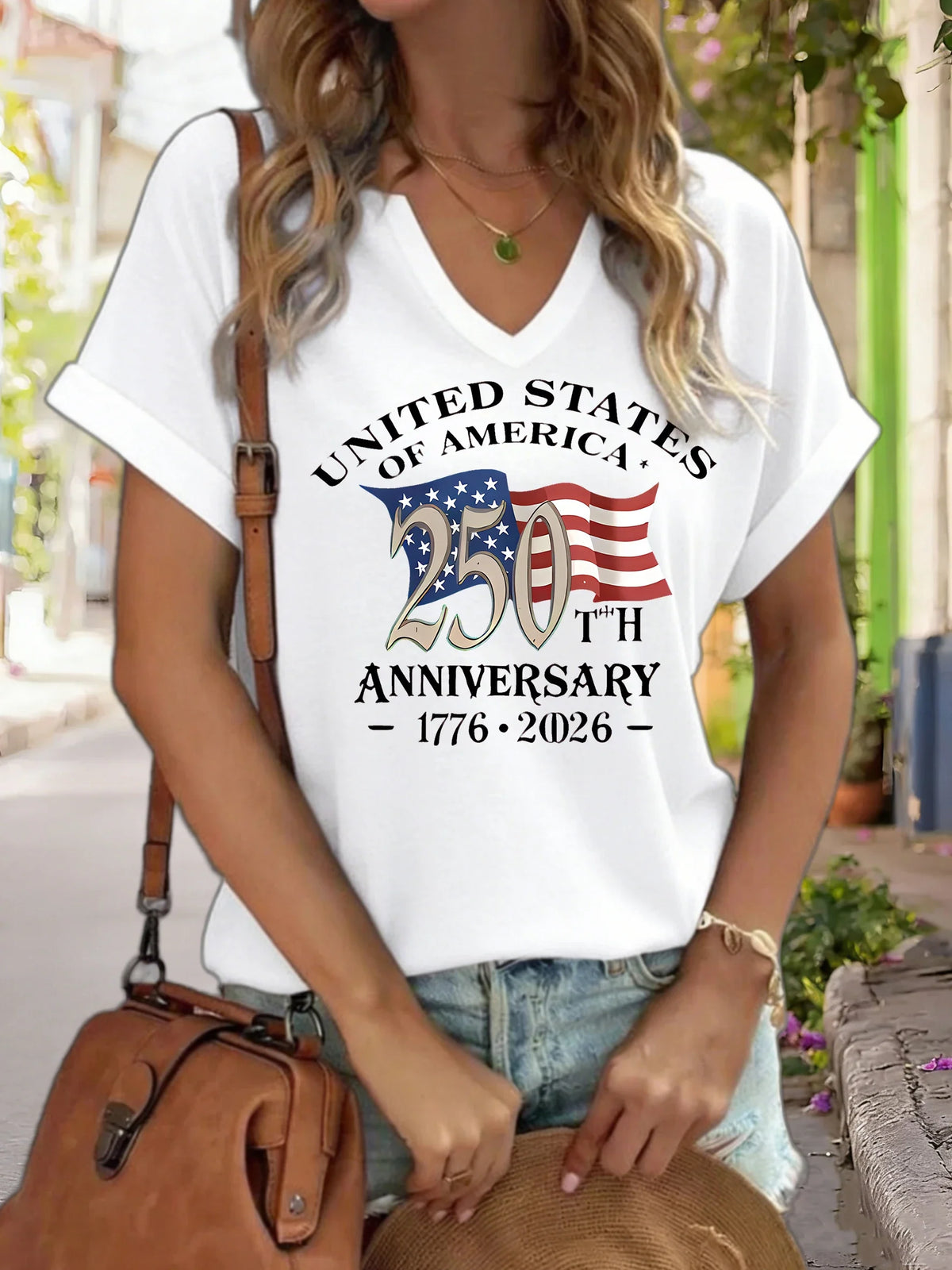 Plush women's graphic tee - V-neck, polyester-elastane blend, for USA 250th anniversary
