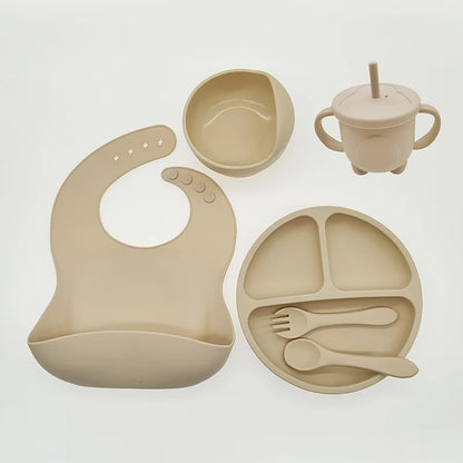 Baby Silicone Tableware Kit 8 Piece Suction Bowls Divided Plate Bib Spoon Fork Fall 2025 Self Feeding Aid