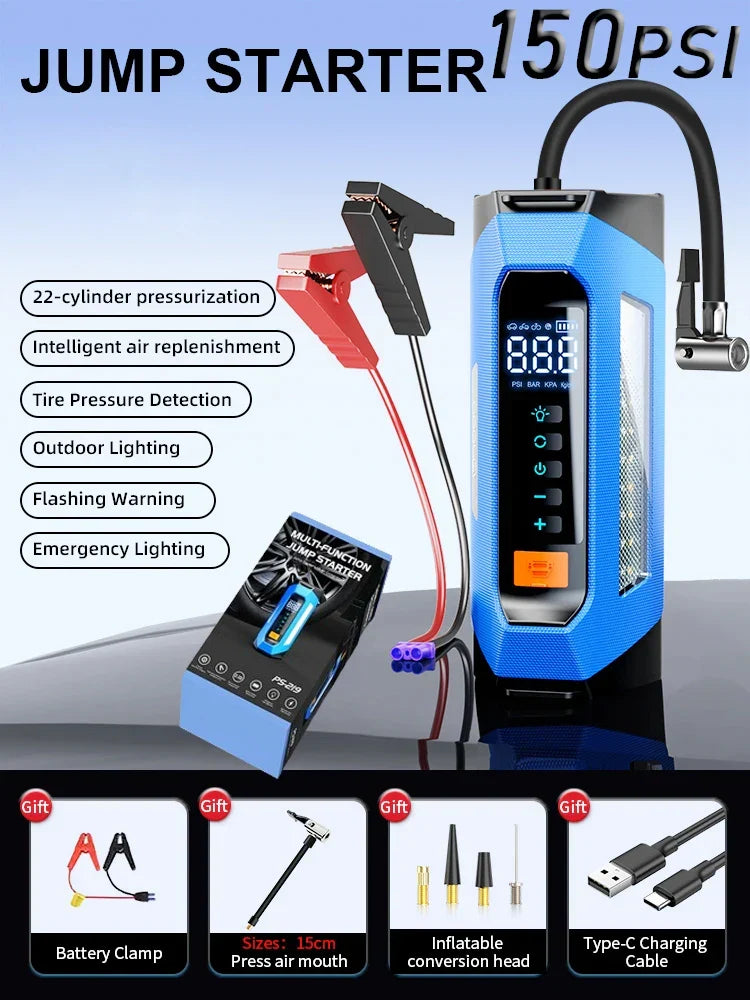 Car2025 Edition Jump Starter Travel-Friendly Power Bank 12V With Air Compressor 6000A Peak Emergency Start 180 PSI Fall