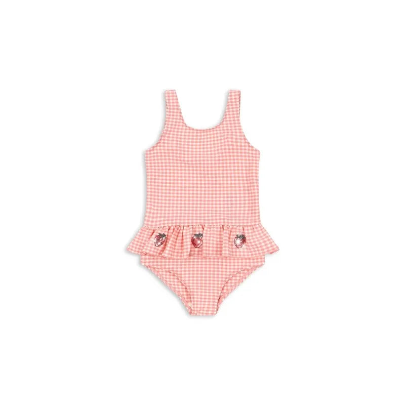 long sleeve one-piece, plaid print, strawberry sequin accents, polyester, nylon, for summer – Light Girls Swimsuit