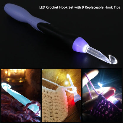 9PCS LED Light Up Crochet Hook Kit - USB Battery-Powered Knitting Device 2.5-6.5MM for DIY Crafts