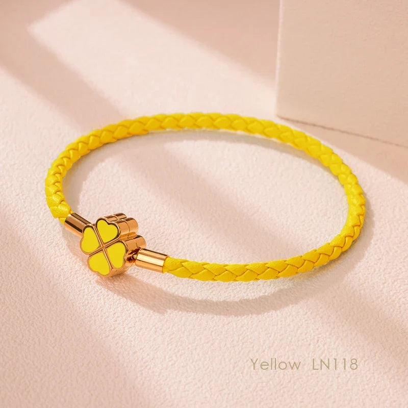 Leaf Four Clover Braided Leather Lucky Bracelet Gift