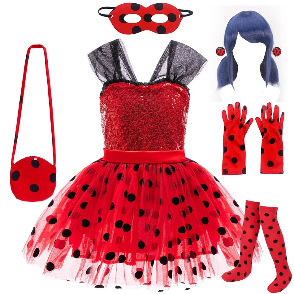 Light girls' Ladybug cosplay costume - sequin bodice with knee-length tulle skirt, polyester, for Halloween