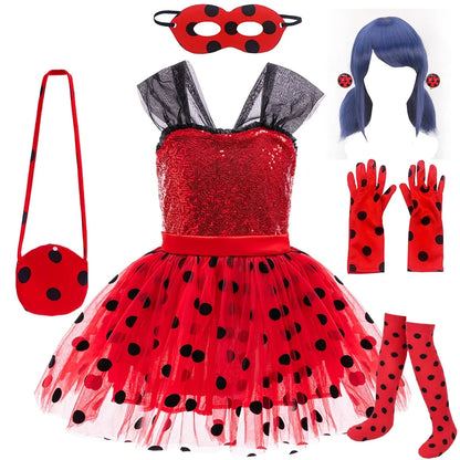 Light girls' Ladybug cosplay costume - sequin bodice with knee-length tulle skirt, polyester, for Halloween
