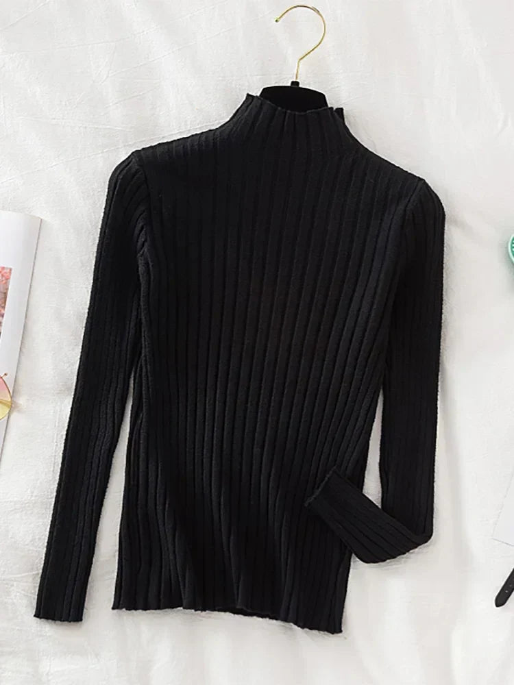 Flattering Stretchy Women Ribbed Sweater - Mock Neck, Knit