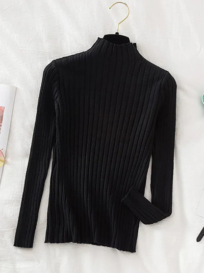 Flattering Stretchy Women Ribbed Sweater - Mock Neck, Knit