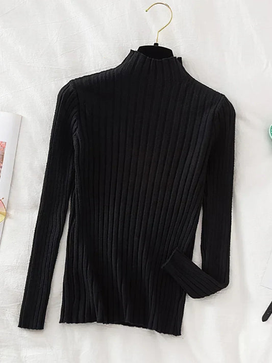 Flattering Stretchy Women Ribbed Sweater - Mock Neck, Knit