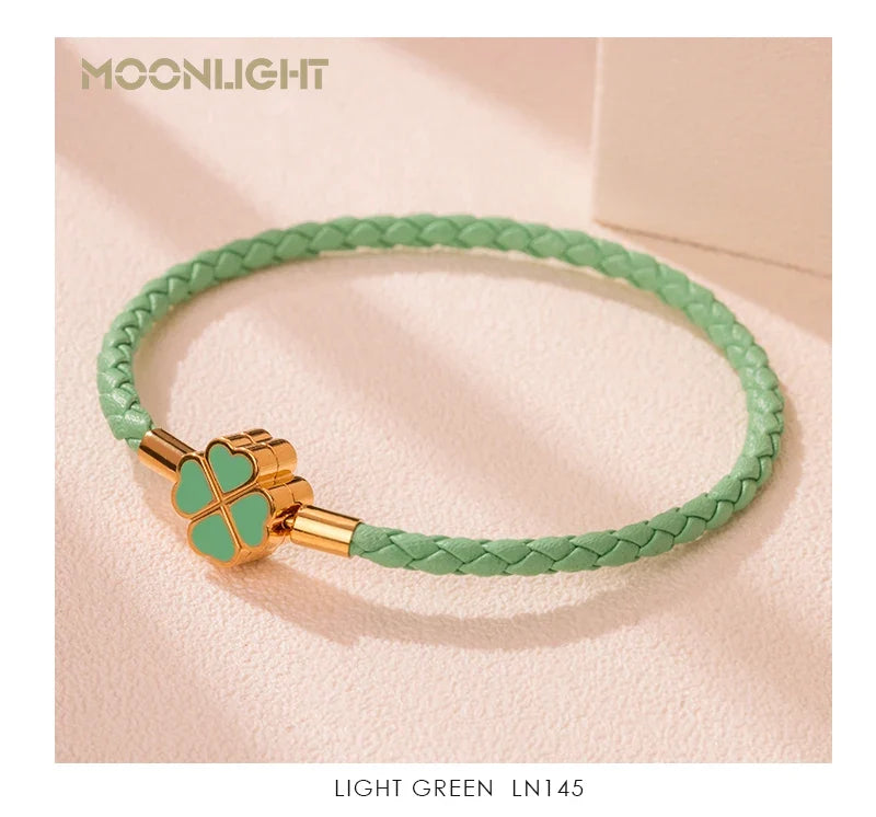 Leaf Four Clover Braided Leather Lucky Bracelet Gift