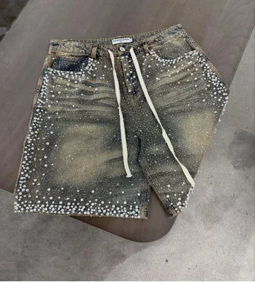 Women's Relaxed Denim Shorts - Straight Knee-Length Cut, Rhinestone Cross Applique, Frayed Hem For Streetwear
