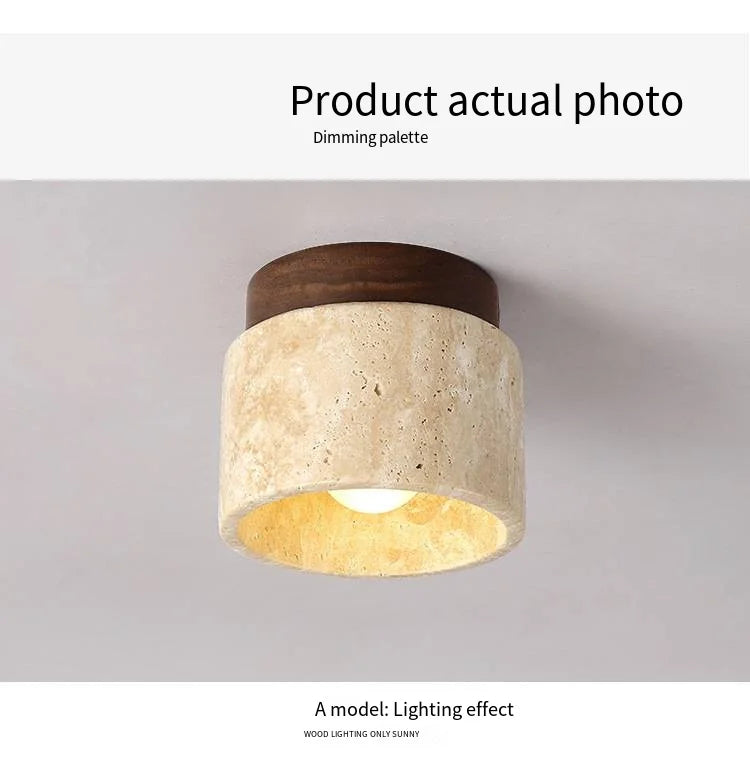 Travertine Japandi Ceiling Light Wood Cap Round Mid Century Lamp