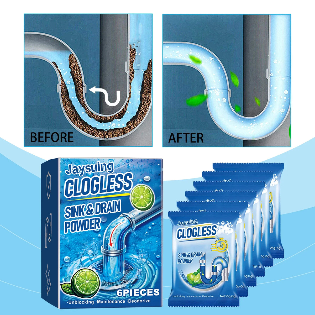 Drain2026 Edition Cleaner Powder - Sink and Drain Unclogging Kit, Deodorize, 6 Pieces, Spring Cleaning