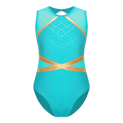 Girls' Stretchy Leotard - flattering, rhinestone-detailed, long-sleeve, mesh-panel, polyester elastane, for gymnastics