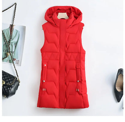 Light Cozy Women Long Puffer Vest - Hooded Down