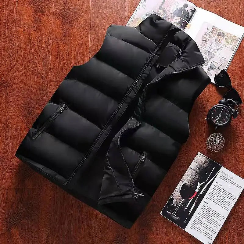 Slim Warm Men’s Puffer Vest - Stand Collar, Polyester, Casual