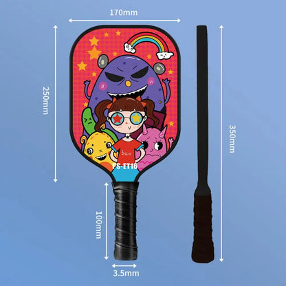 Light Children's Pickleball Paddle Kit with Cartoon Print, 2 Balls, Ideal for Kids Under 16, Sturdy Fiberglass, 180g