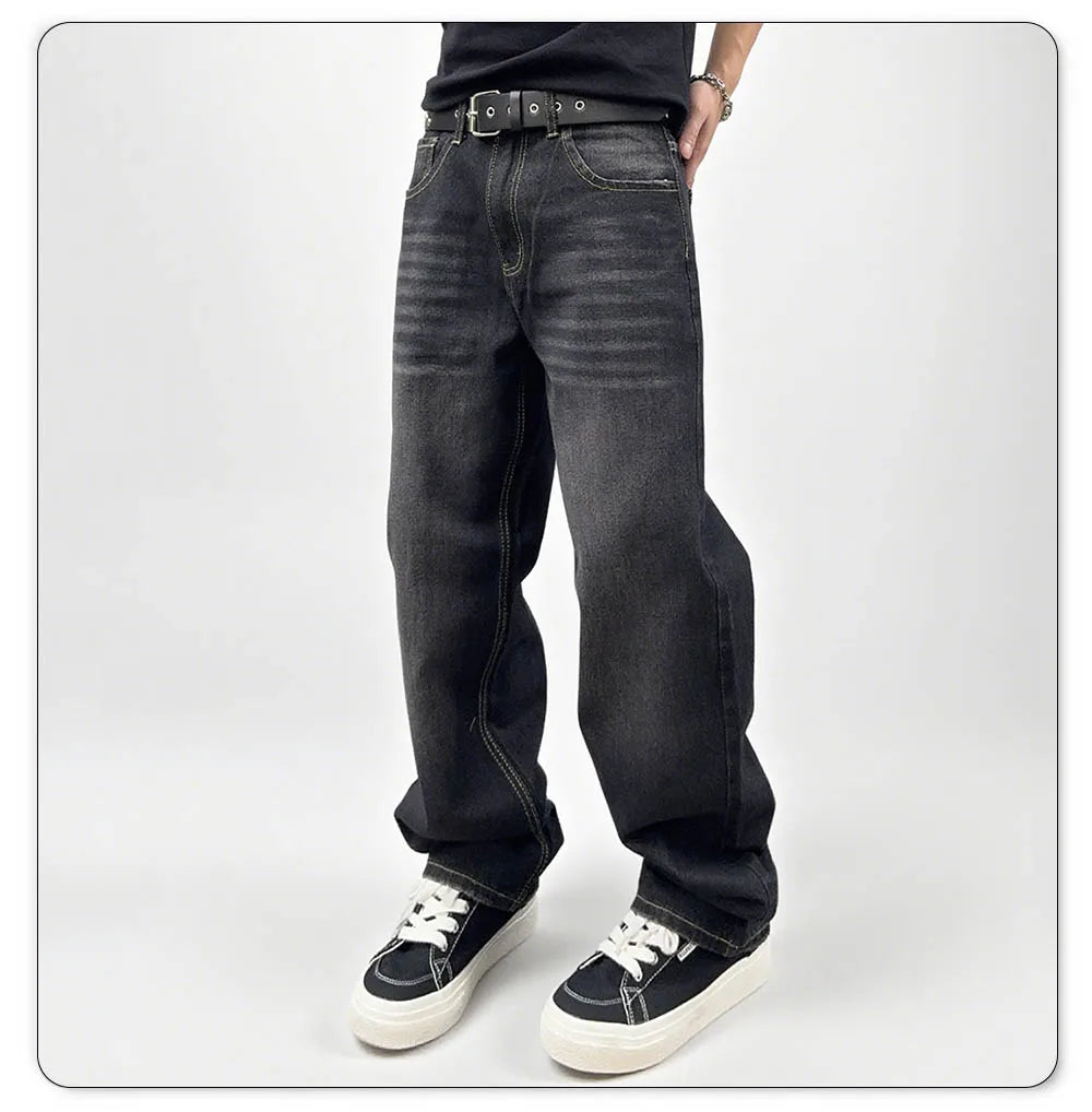 Men's Oversized Jeans - Straight Cut, Washed Denim, Autumn
