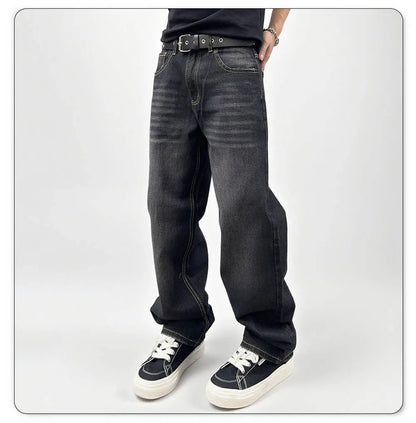 Men's Oversized Jeans - Straight Cut, Washed Denim, Autumn