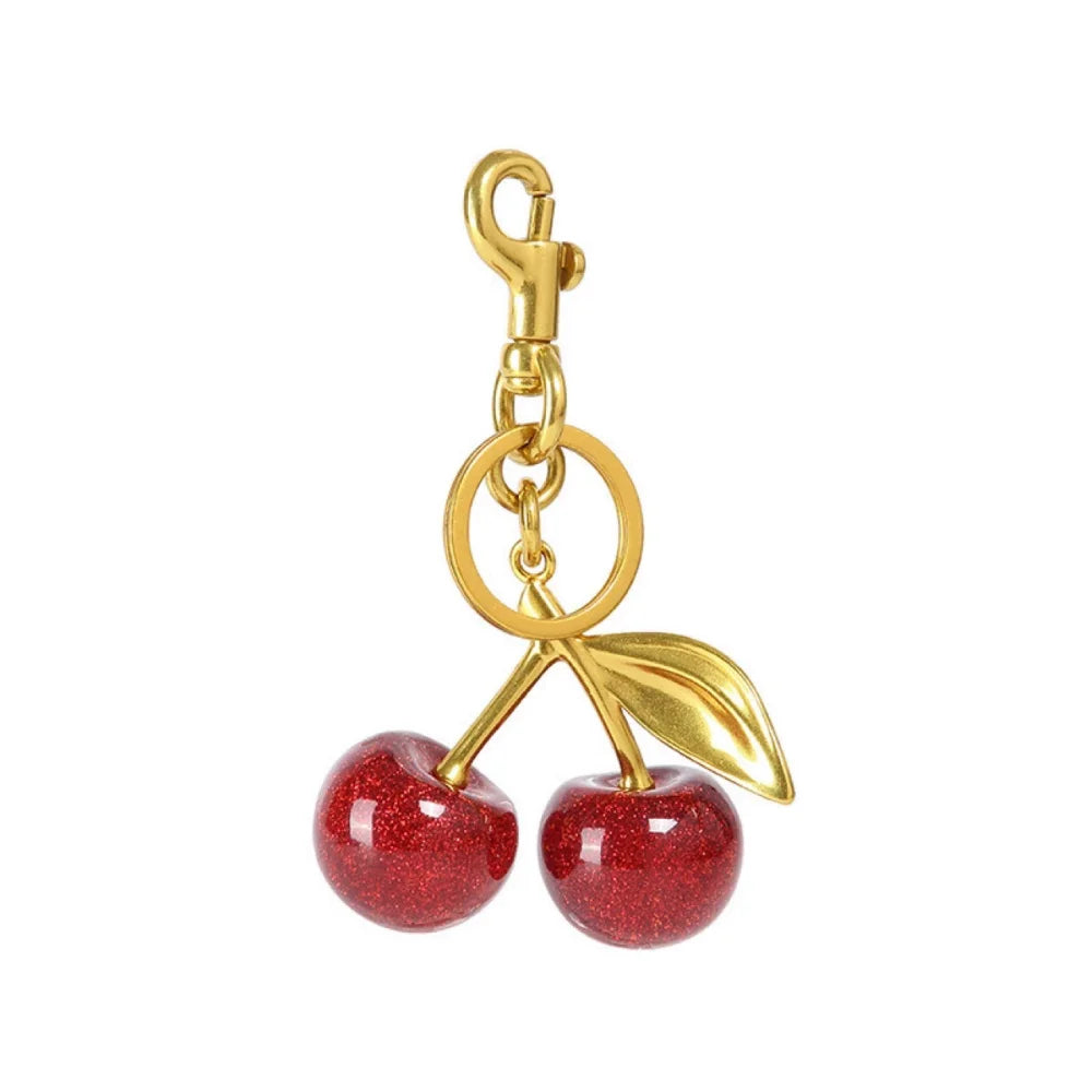 Cherry Red Keychain Bag Charm With Gold Leaf Lobster Clasp