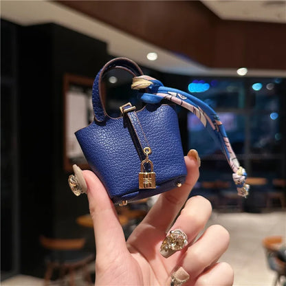 Inspired Birkin Mini Hand Bag - Leather Basket Bag Charm Keychain & Earphone Case