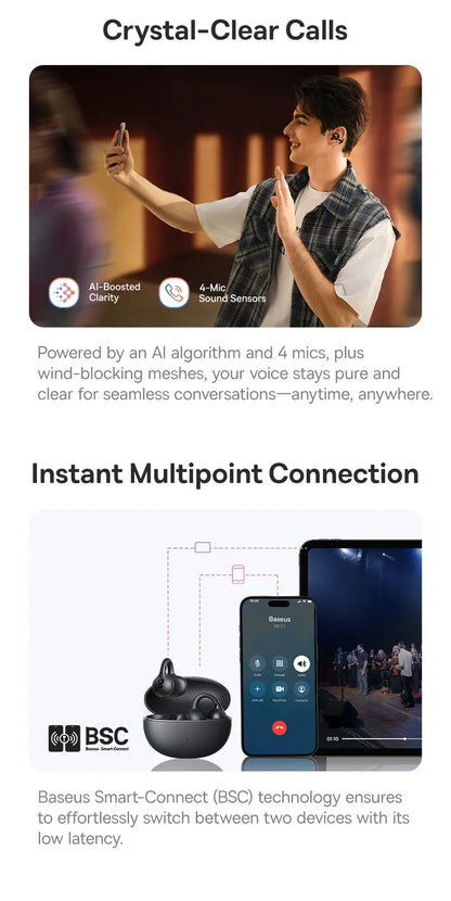 4-Mic Noise Cancellation Super Bass IP55 Sports 2026 – Baseus BC1 Open-Ear Clip Earbuds Bluetooth 6.0