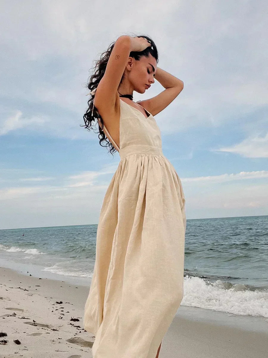 Variant image for Elegant Summer Rug in Natural Linen and Cotton Blend, A-Line Design, Backless with Adjustable Straps, Ankle Length, Machine Washable-7