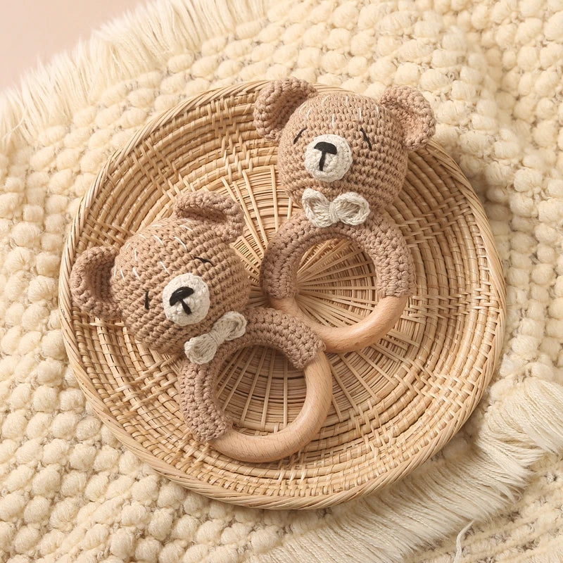 Bear Crochet Teether Rattle Ring Newborn Sensory Toys