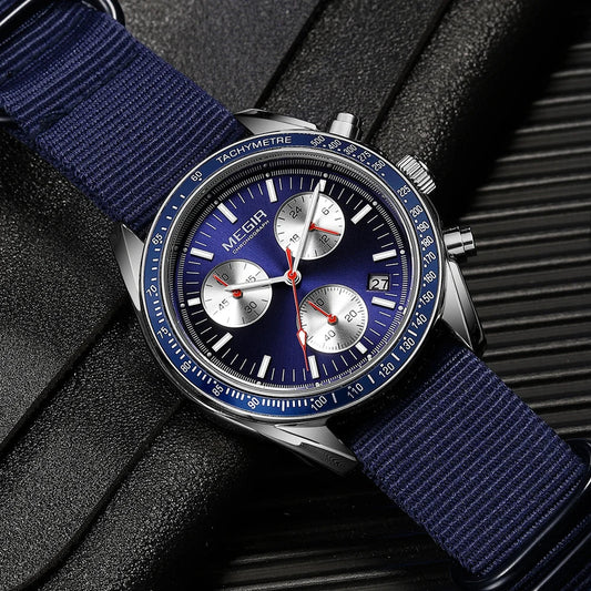 Quartz Chronograph Watch Blue Nylon Strap Water-Resistant