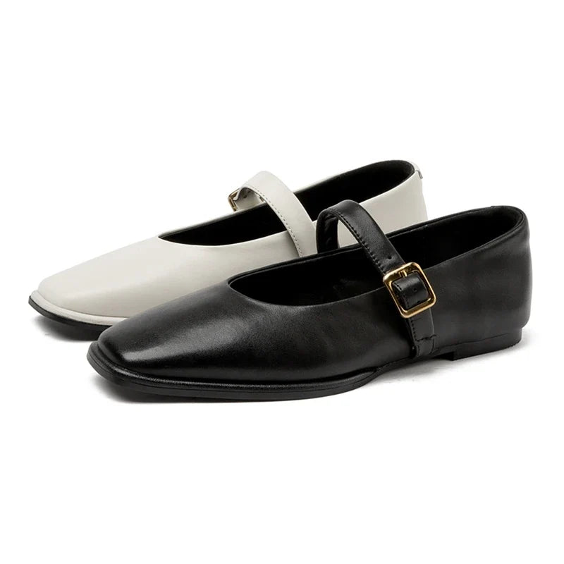 Women Supportive Mary Jane Flats - Square Toe, Leather