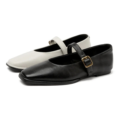 Women Supportive Mary Jane Flats - Square Toe, Leather