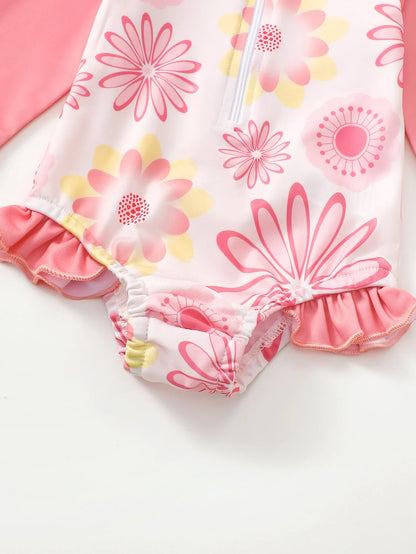 Long-Sleeve Floral Print, Polyester, For Sun Protection – Breathable Baby Girl Onesie Swimsuit With Sun Hat
