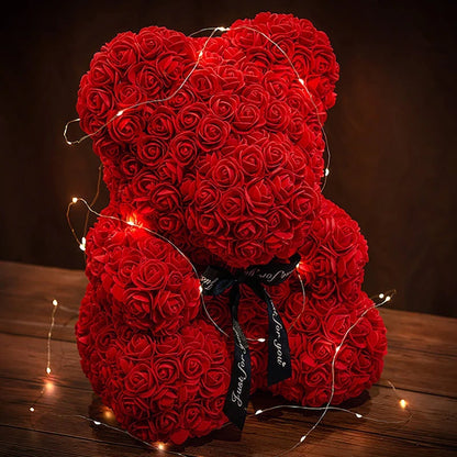 Rose Faux Teddy Bear with Gift Box and Lights - Romantic Anniversary or Valentine's Day Gift, Wedding Decor