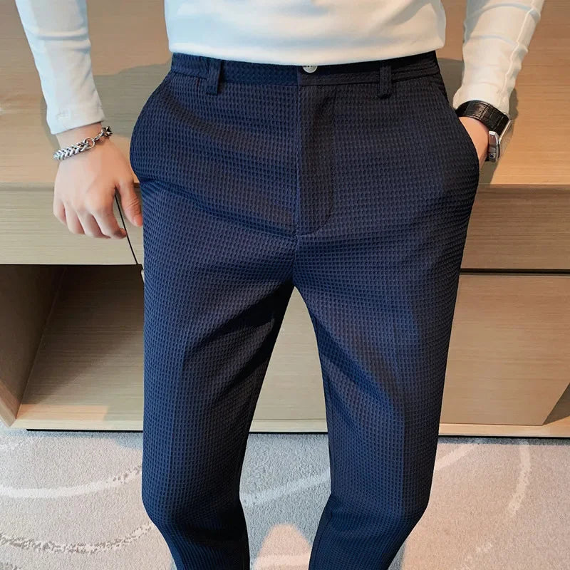 Elegant Plaid Men's Pants, Breathable Fabric, Straight Cut Design for Office and Casual Wear-6