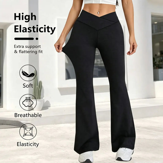 flared hem cross-waist design, casual sports trousers – Relaxed women's high-waist wide-leg leggings
