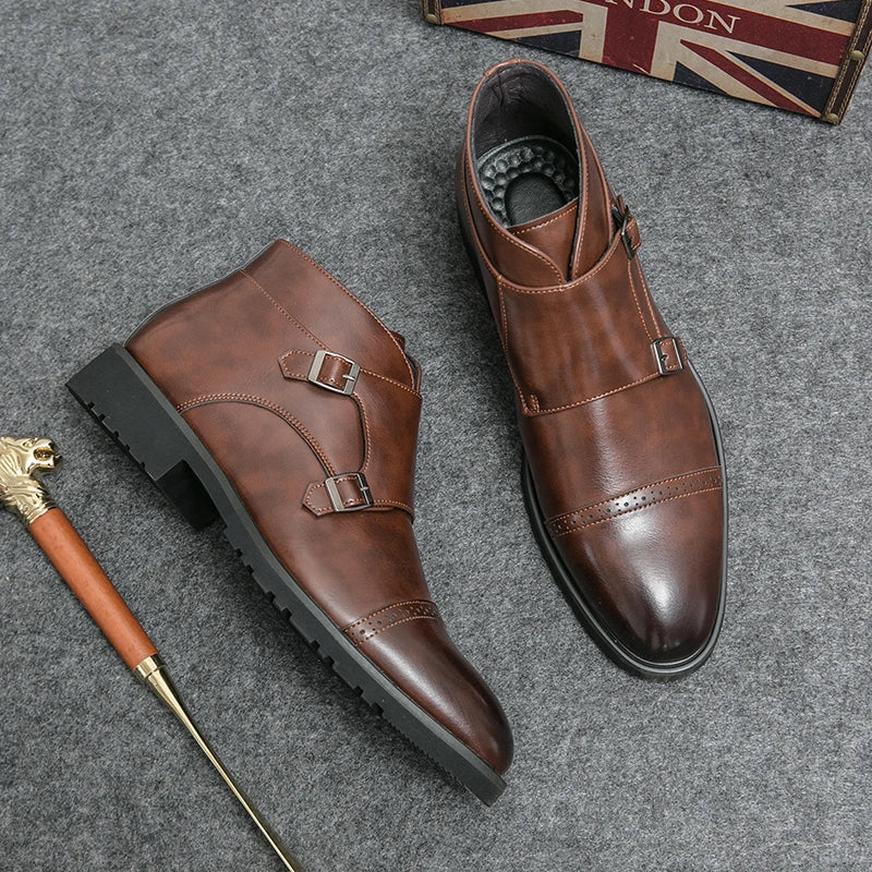 Mens Supportive Ankle Boots - Double Monk Cap-Toe, Leather