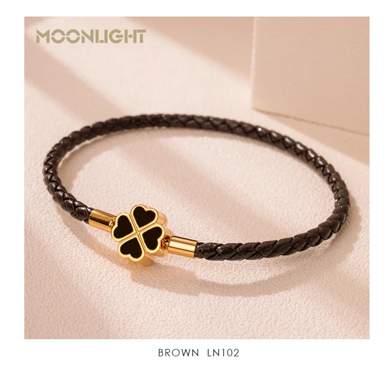 Leaf Four Clover Braided Leather Lucky Bracelet Gift