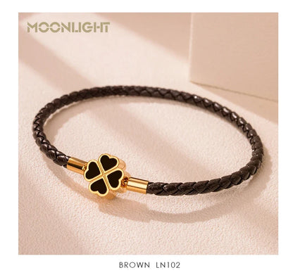 Leaf Four Clover Braided Leather Lucky Bracelet Gift