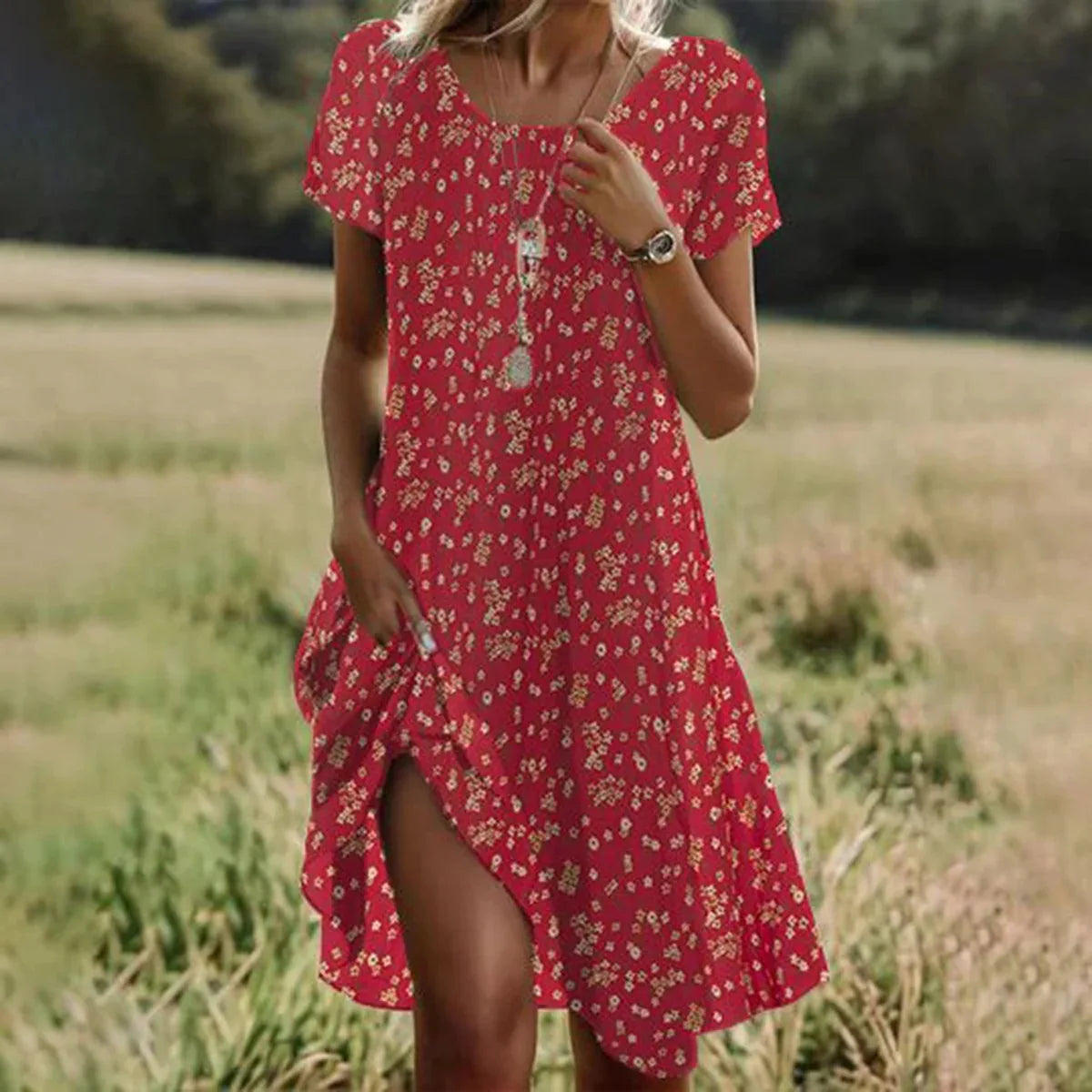 Bohemian Summer Dresses For Women V Neck Short Sleeve Floral Maxi Beach Dress