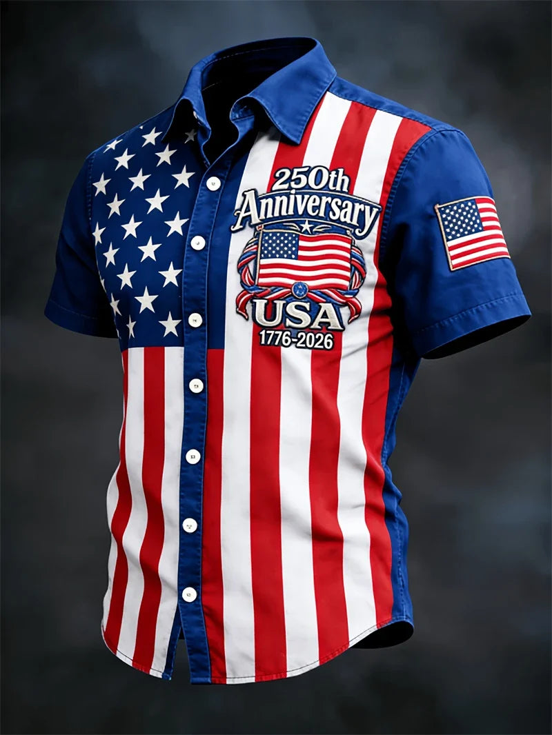 Plush Men's Hawaiian Shirt - Casual Short-Sleeve, 250th Anniversary USA Flag Design, Fourth Of July
