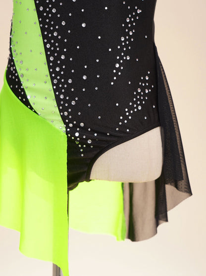 girls' Stretchy leotard - rhinestone mesh yoke, sleeveless, polyester, nylon, elastane, for lyrical dance performance