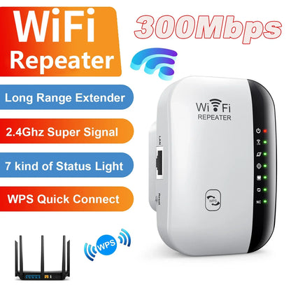Cordless Repeater with WPS for Household Network Boost 2026 – WiFi Range Extender 300Mbps 2.4GHz