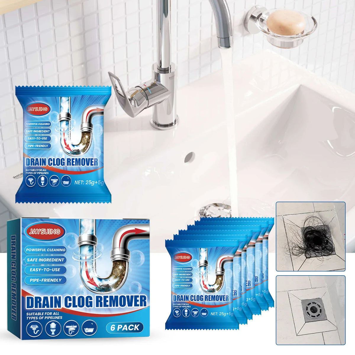 Drain Cleaner Powder 6 Pack Pipe Unclogger Hair Clog Remover Odor Eliminator Eco Friendly Fall 2026 Household Maintenance