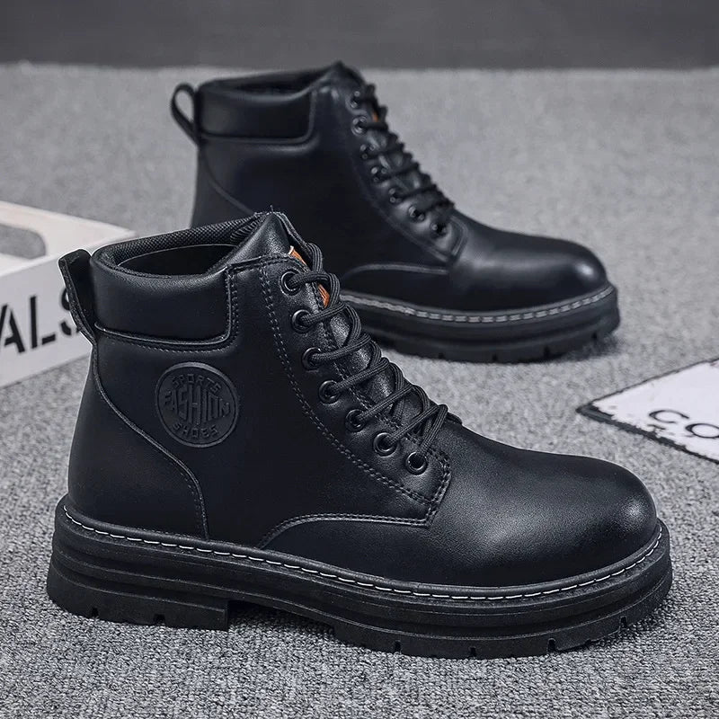 Casual Retro High Top Boots for Men - Winter Chunky Lace-Up Motorcycle Ankle Footwear