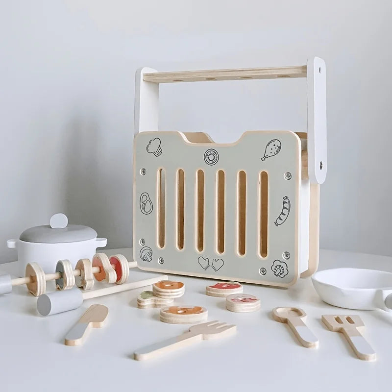 Wooden Toy BBQ Kit Pretend Play Cooking Playset Early Learning Montessori Toy Fall 2025 Educational Gift