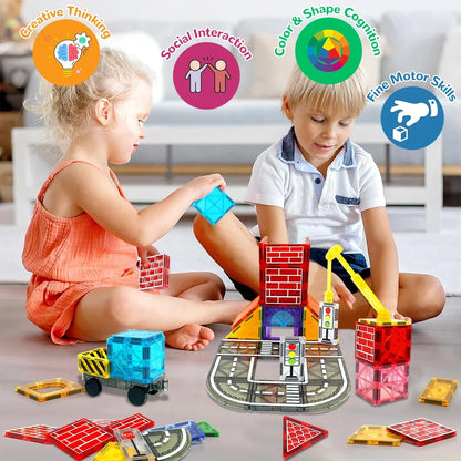 Magnetic Building Blocks Road Kit with Cars - Fun Construction Toy for Boys & Girls, Ideal Christmas & Birthday Gift for Toddlers