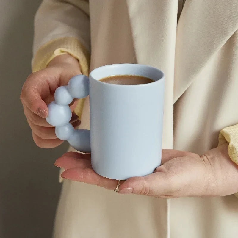 Ceramic Coffee Mug With Tray Beaded Handle Scandinavian Handmade Cup Fall 2025 Gift Decorative Serving